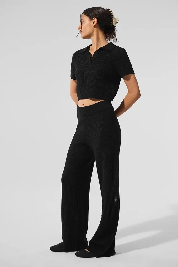 Maglietta polo in cashmere a trama waffle - Nero