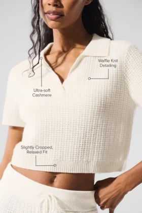 Maglietta polo in morbido cashmere a trama a nido d’ape – Avorio