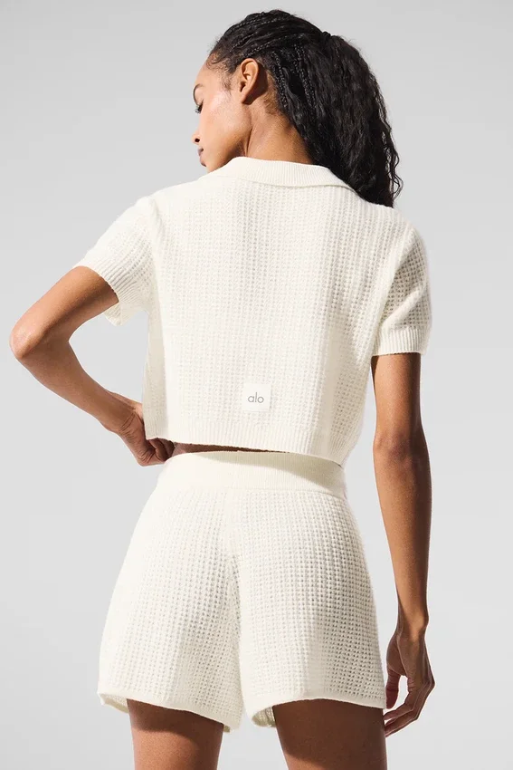 Maglietta polo in morbido cashmere a trama a nido d’ape - Avorio