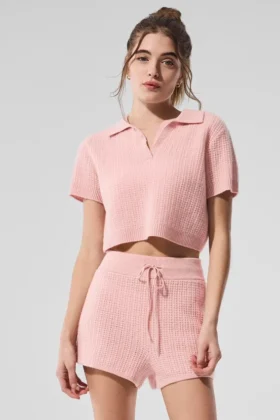 Maglietta polo in morbido cashmere a trama a nido d’ape - Rosa quarzo