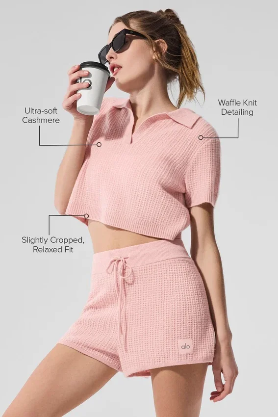Maglietta polo in morbido cashmere a trama a nido d’ape - Rosa quarzo
