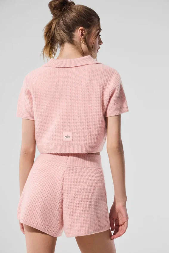 Maglietta polo in morbido cashmere a trama a nido d’ape - Rosa quarzo