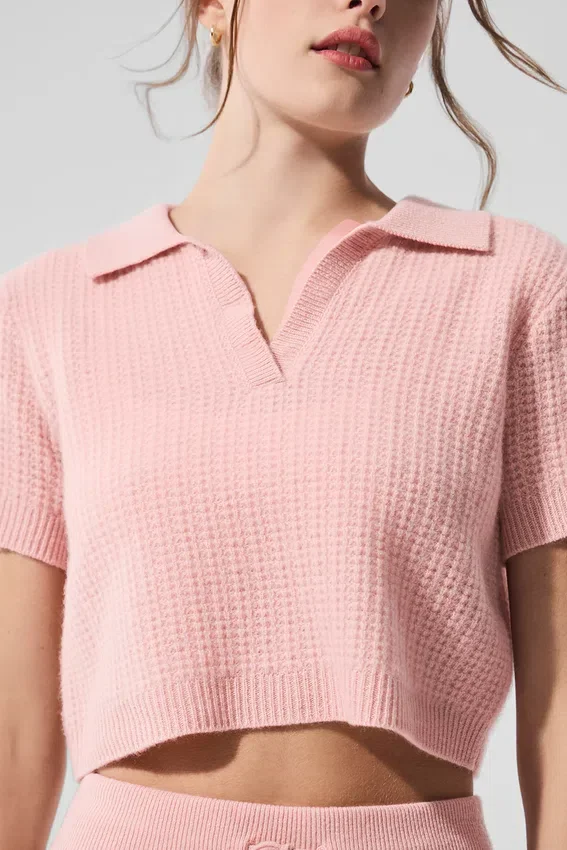 Maglietta polo in morbido cashmere a trama a nido d’ape - Rosa quarzo
