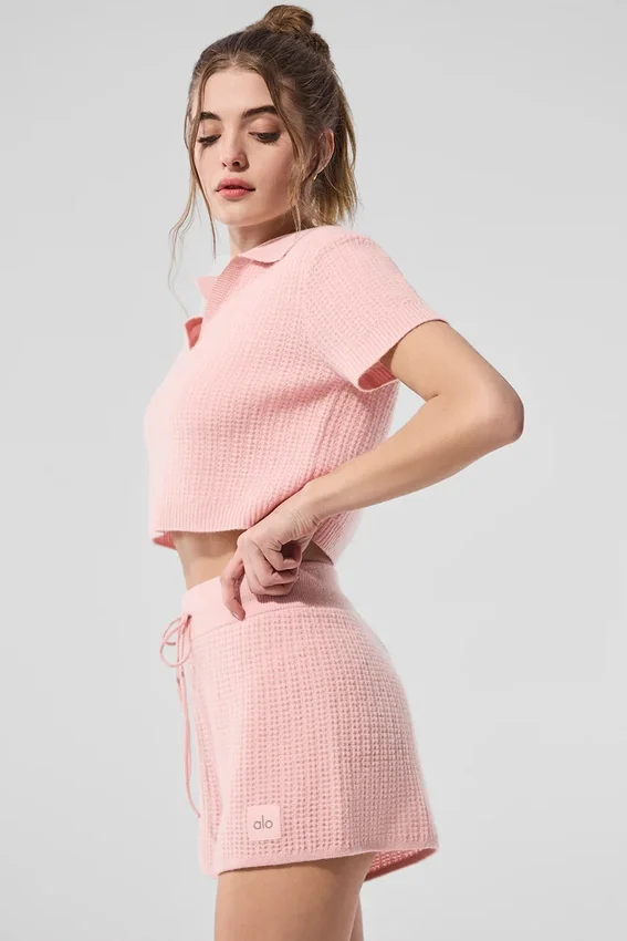 Maglietta polo in morbido cashmere a trama a nido d’ape - Rosa quarzo