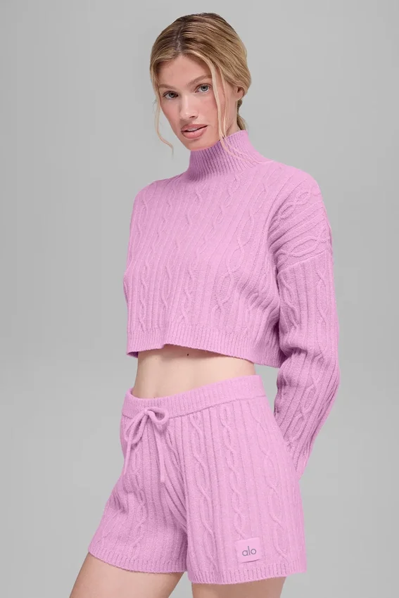 Maglione a collo alto corto Winter Bliss a maglia intrecciata a maniche lunghe - Candy Heart P
