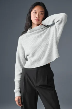 Maglione a collo alto in cashmere morbido a trama waffle - Grigio melange atletico
