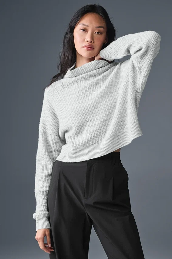 Maglione a collo alto in cashmere morbido a trama waffle - Grigio melange atletico