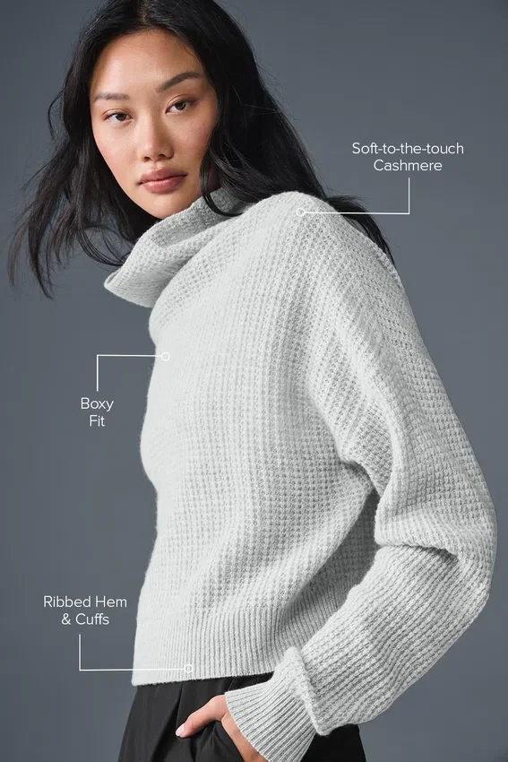 Maglione a collo alto in cashmere morbido a trama waffle - Grigio melange atletico