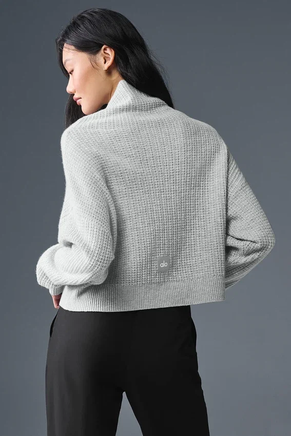 Maglione a collo alto in cashmere morbido a trama waffle - Grigio melange atletico