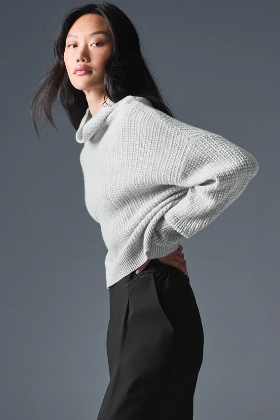 Maglione a collo alto in cashmere morbido a trama waffle - Grigio melange atletico