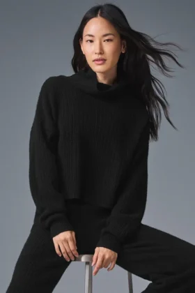 Maglione a collo alto in morbido cashmere a trama a nido d’ape - Nero