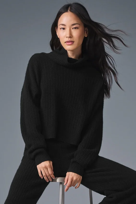 Maglione a collo alto in morbido cashmere a trama a nido d’ape - Nero