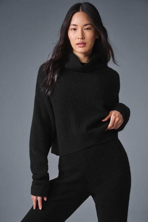 Maglione a collo alto in morbido cashmere a trama a nido d’ape - Nero