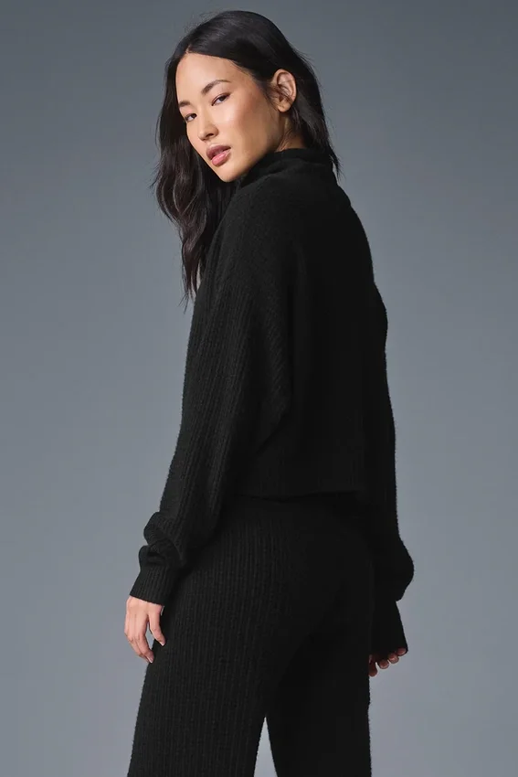 Maglione a collo alto in morbido cashmere a trama a nido d’ape - Nero