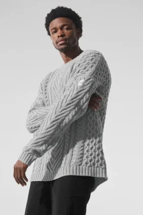 Maglione a collo rotondo con lavorazione a trecce – Grigio melange sportivo