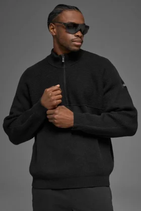 Maglione a costine Domain Shift con zip a 1/4 - Nero