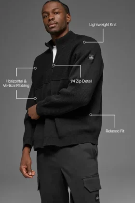 Maglione a costine Domain Shift con zip a 1/4 – Nero