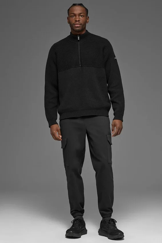 Maglione a costine Domain Shift con zip a 1/4 - Nero
