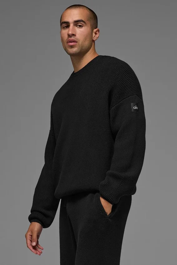 Maglione a girocollo con maglia a coste Domain - Nero