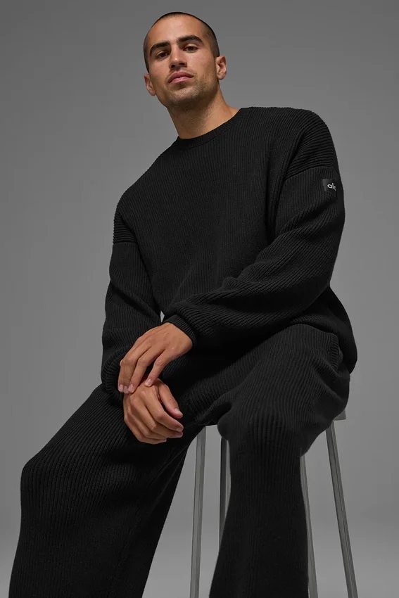 Maglione a girocollo con maglia a coste Domain - Nero