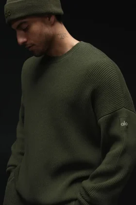 Maglione a girocollo in maglia a coste Domain - Verde oliva