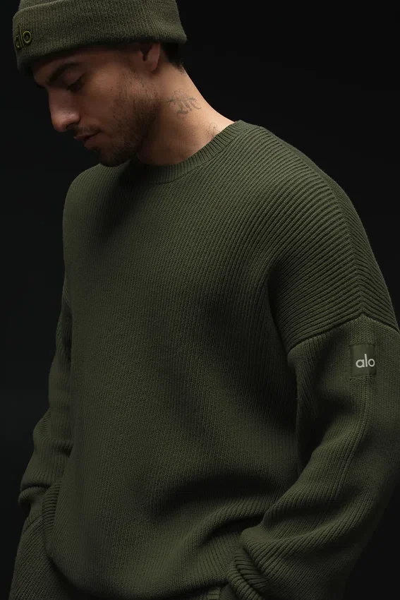 Maglione a girocollo in maglia a coste Domain - Verde oliva