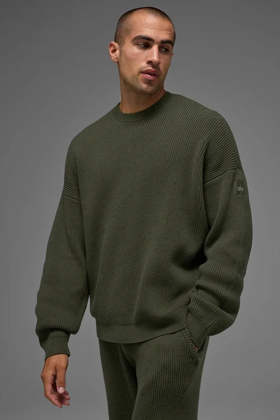 Maglione a girocollo in maglia a coste Domain - Verde oliva