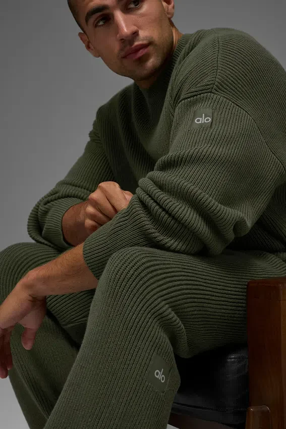 Maglione a girocollo in maglia a coste Domain - Verde oliva