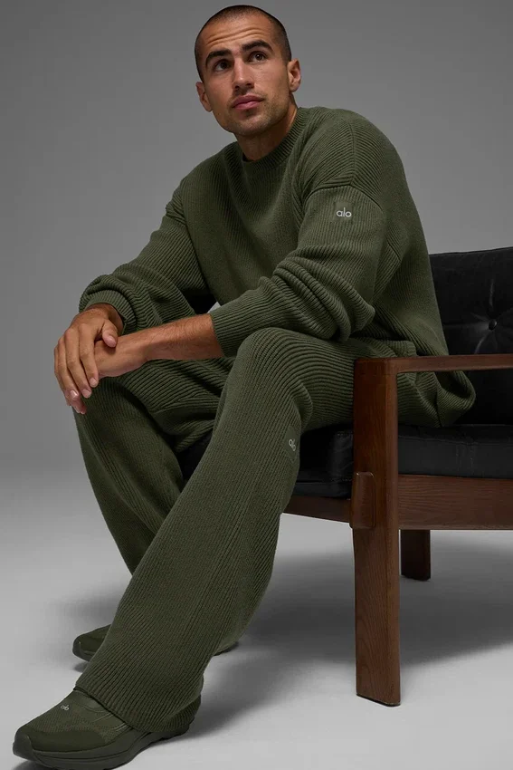 Maglione a girocollo in maglia a coste Domain - Verde oliva