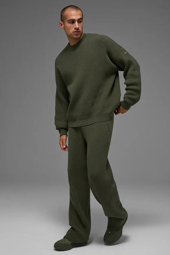Maglione a girocollo in maglia a coste Domain - Verde oliva