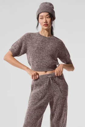 Maglione a maniche corte in maglia melange - Melange fungo