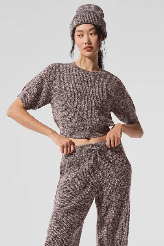 Maglione a maniche corte in maglia melange - Melange fungo