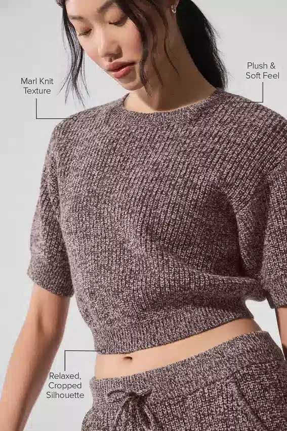 Maglione a maniche corte in maglia melange - Melange fungo