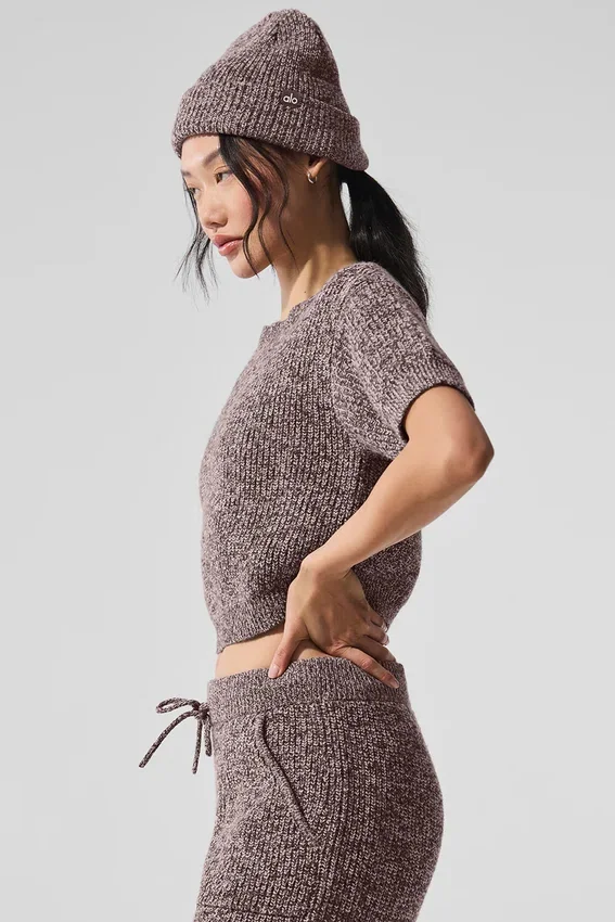 Maglione a maniche corte in maglia melange - Melange fungo
