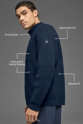 Maglione a zip da 1/4 in maglia a coste Domain Shift – Blu navy