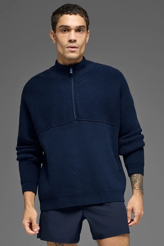 Maglione a zip da 1/4 in maglia a coste Domain Shift - Blu navy