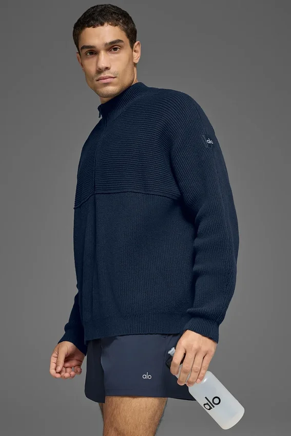 Maglione a zip da 1/4 in maglia a coste Domain Shift - Blu navy