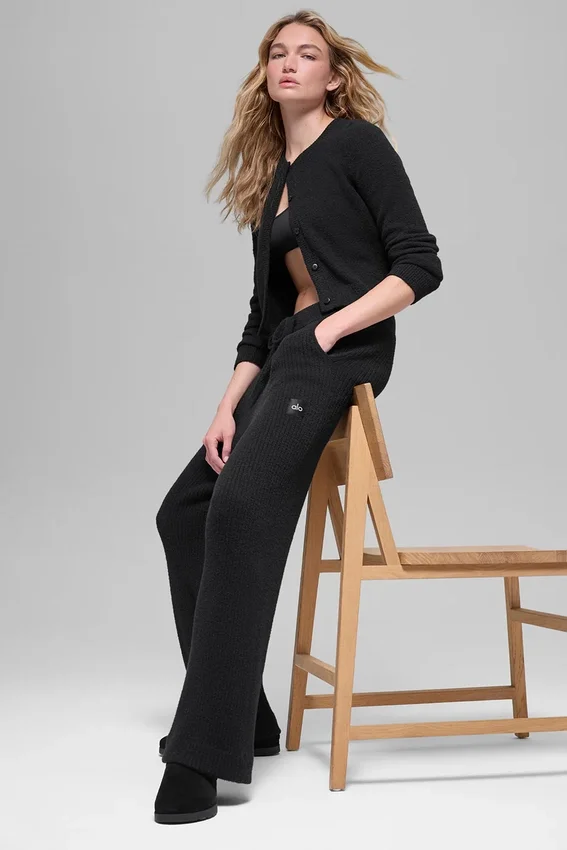 Maglione avvolgente e pantaloni a gamba larga High-Waist - Nero