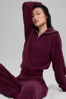 Maglione con zip a un quarto in cashmere a trama waffle - Borgogna