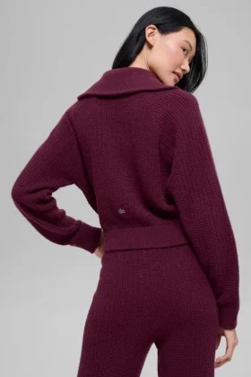 Maglione con zip a un quarto in cashmere a trama waffle – Borgogna