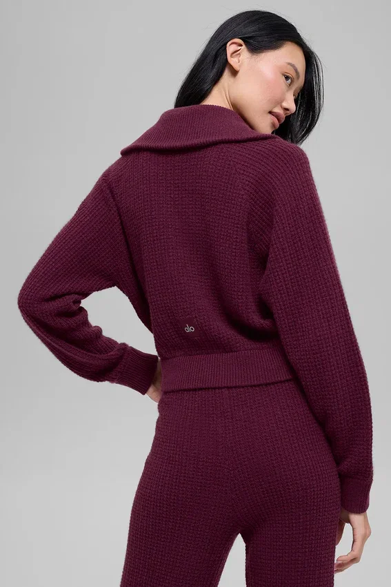 Maglione con zip a un quarto in cashmere a trama waffle - Borgogna