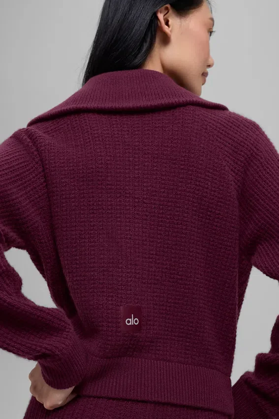 Maglione con zip a un quarto in cashmere a trama waffle - Borgogna