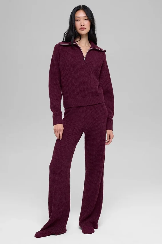 Maglione con zip a un quarto in cashmere a trama waffle - Borgogna