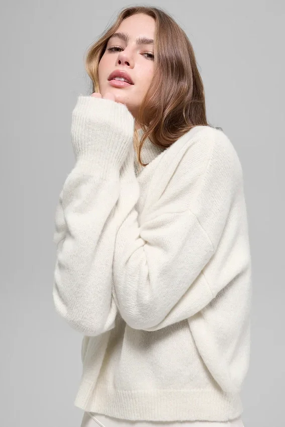Maglione corto a collo alto New Class in misto lana e cashmere - Avorio