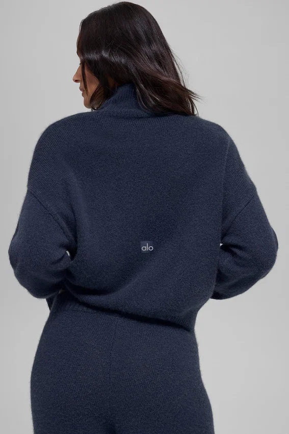 Maglione corto a collo alto New Class in misto lana e cashmere - Blu navy