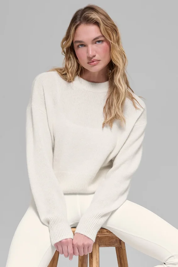Maglione corto a girocollo New Class in misto lana e cashmere - Avorio