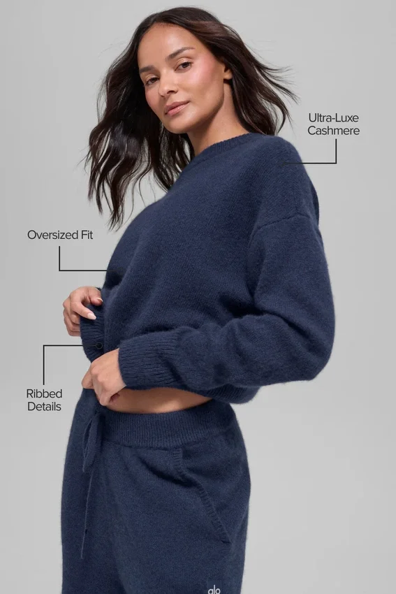 Maglione corto a girocollo New Class in misto lana e cashmere - Blu navy