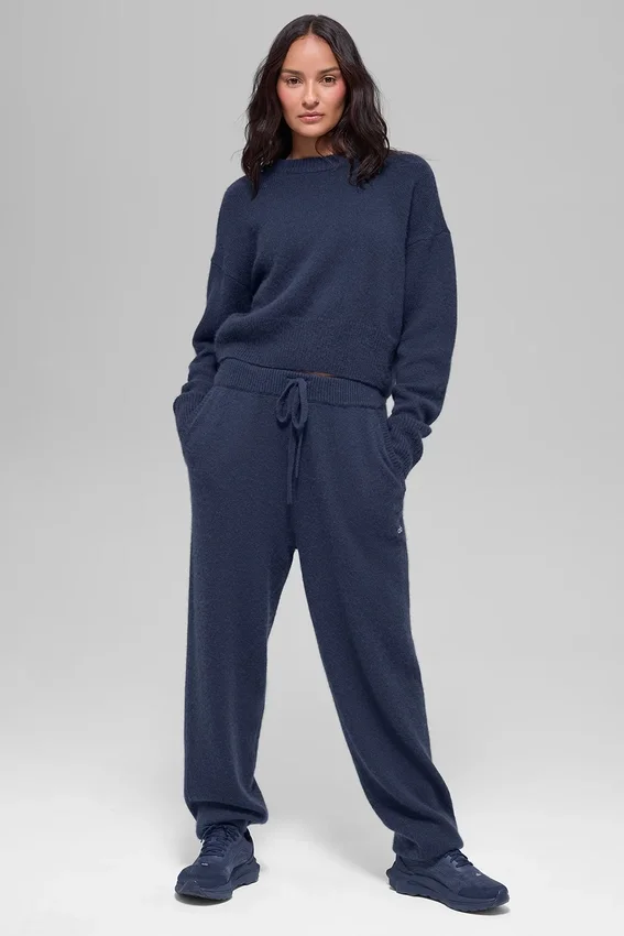 Maglione corto a girocollo New Class in misto lana e cashmere - Blu navy
