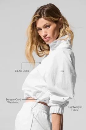 Maglione corto con zip a un quarto “Alumni” – Bianco