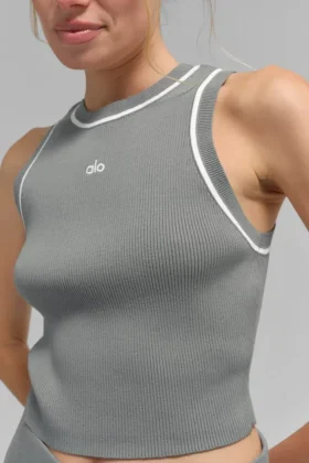 Maglione corto Highline in maglia a coste – Grigio lunare/Bianco